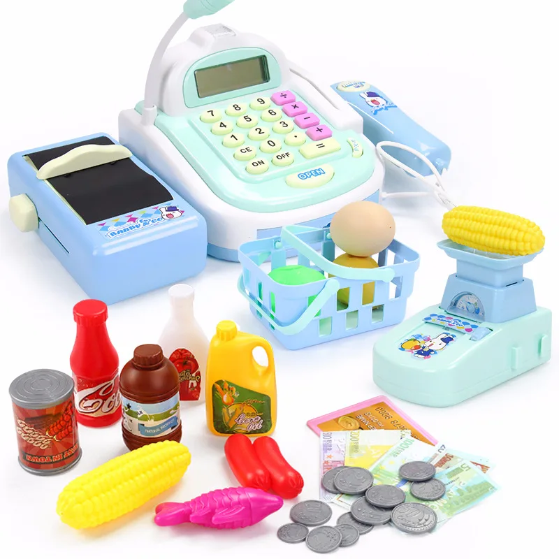 Caisse enregistreuse de supermarché pour enfants, jouets électroniques avec panier alimentaire, ensemble de jeux de simulation d'apprentissage pour enfants (boîte-cadeau)