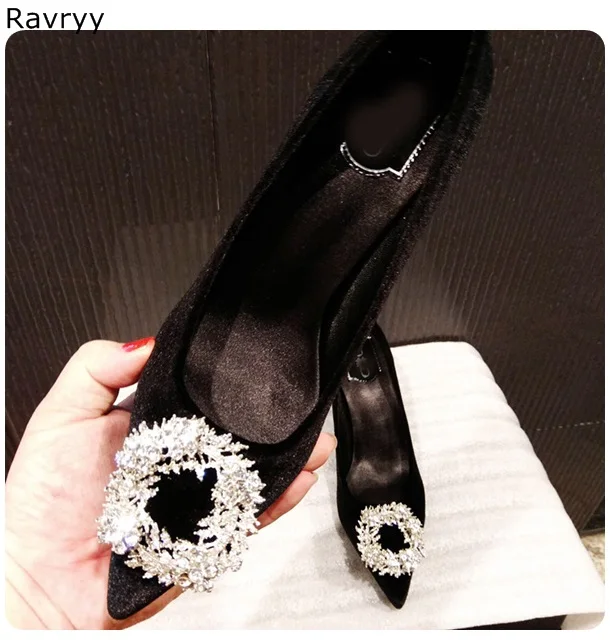 

Black Flock Women's high heels twinkling rhinestone decor female single shoes pointed toe party wedding dress shoes slip-on