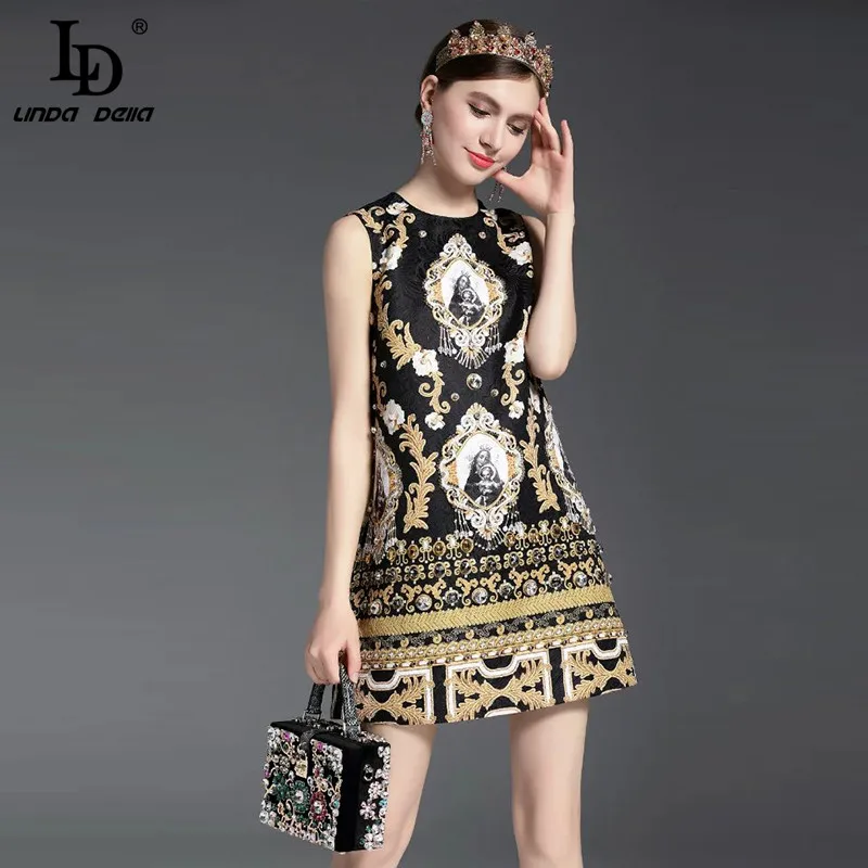 High Quality New Fashion Runway Summer Dress Women's Sleeveless Luxury Beading Jacquard Printed Vintage Straight Dress