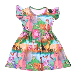 New Arrivals Baby Girls Summer Colorful Dinosaur Print Dress Milksilk Dinosaur World Short Sleeve Clothing Kids Boutique Wear