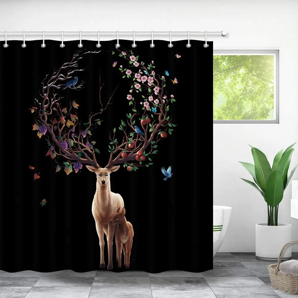 Fantasy Animal Decor Shower Curtain Illustration of Deer with Tree-Like Antlers Full of Flowers Polyester Bath Curtain