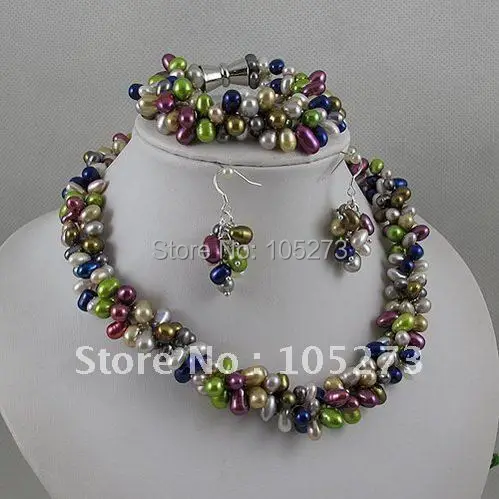 

Wholesale Elegant jewelry set Multicolor fresh water pearl necklace bracelet earring magnet clasp free shipping A2076a