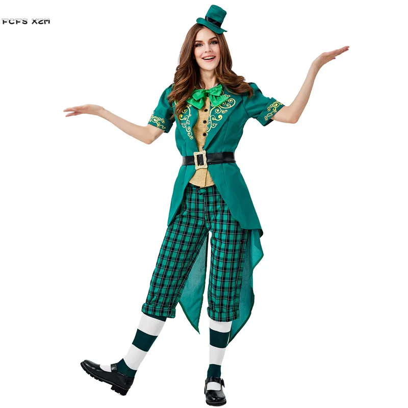 

Green Magician Tuxedo Women Halloween Ireland Fairy Traditional Costumes Irish Leprechaun Elf Cosplay Purim Carnival Party Dress