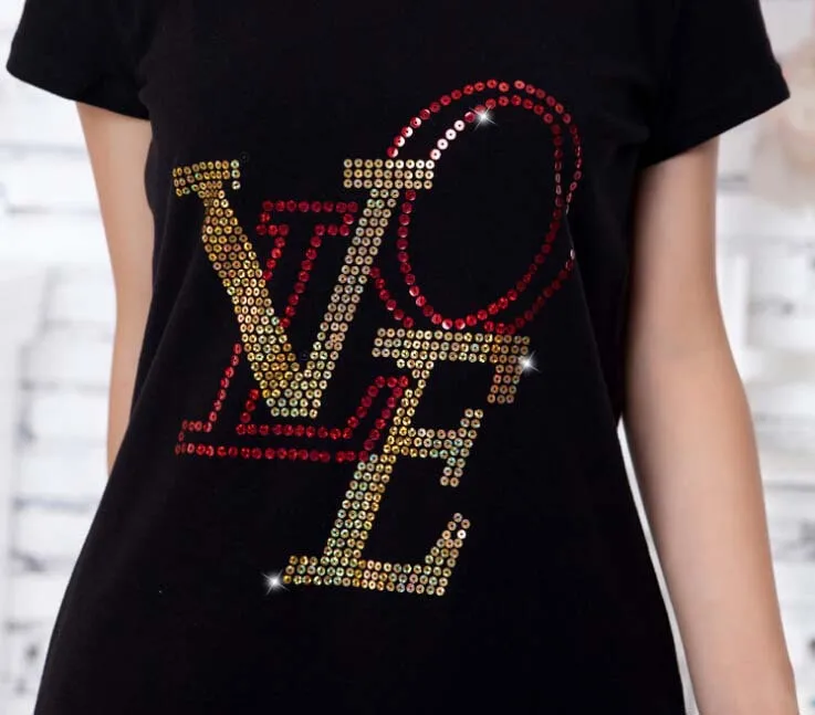 

2pc/lot Sequins T-shirt love decoration hot fix rhinestone motif iron on crystal transfers design rhinestones for sweater