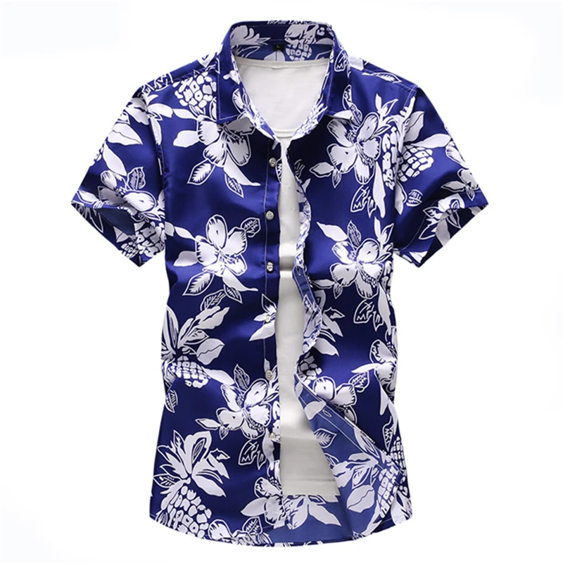 Men floral printed Slim Short sleeve shirts Summer Hawaiian vacation Party casual red blue black Shirt camisa masculina 6XL 7XL