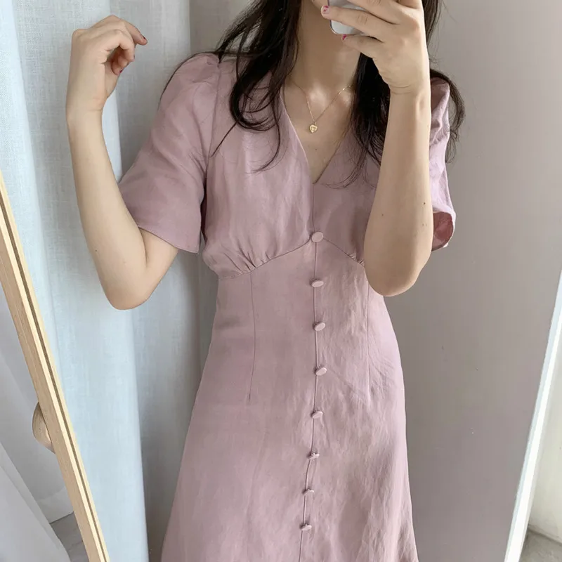 Long Dresses with Buttons Summer Women Elegant Sexy A- Line V Neck Short Sleeve Slim Waist Cotton Solid Color