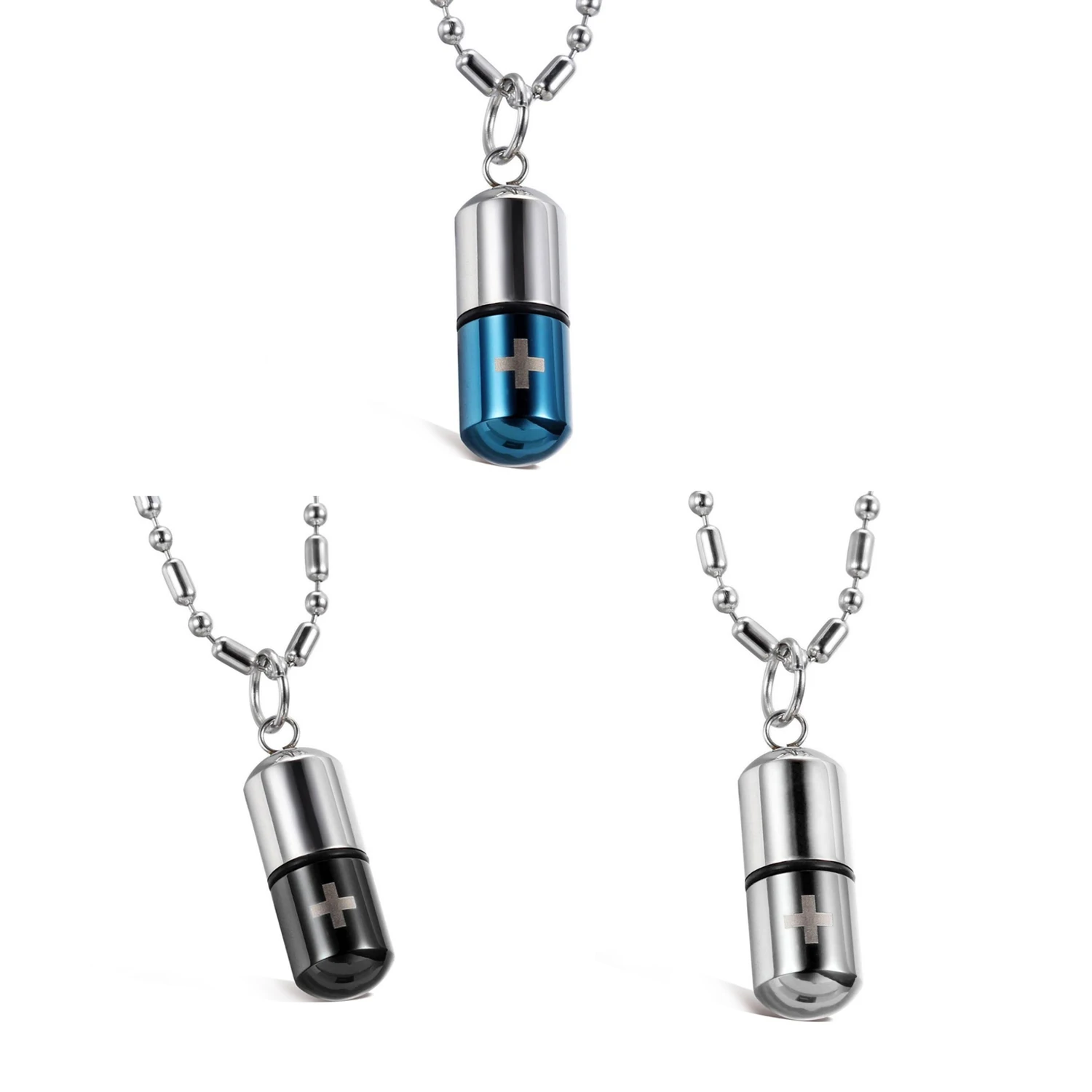 Fashion Pill Case Capsule Pendant Necklace Stainless Steel Mens Womens, 20inch Chain, Cross Medicine Keepsake Pendant Necklace