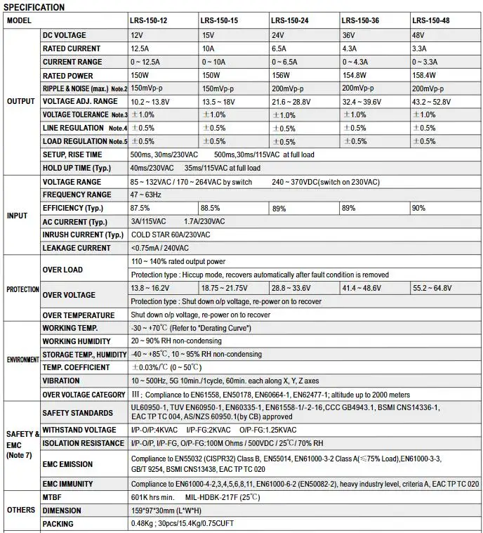 Original MW Taiwan Brand LRS-150-24 LRS-150-12 Meanwell Switching Power Supply 150W 12V 24V 36V