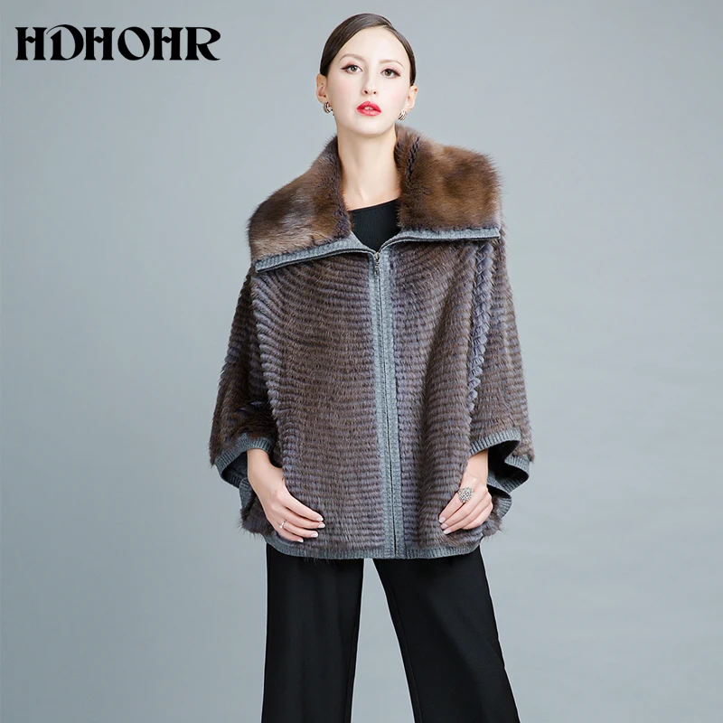 HDHOHR 2024 cappotto di pelliccia di visone lavorato a maglia donna maniche a pipistrello con risvolto moda invernale di alta qualità cappotti di pelliccia di visone reale giacca di pelliccia di grandi dimensioni