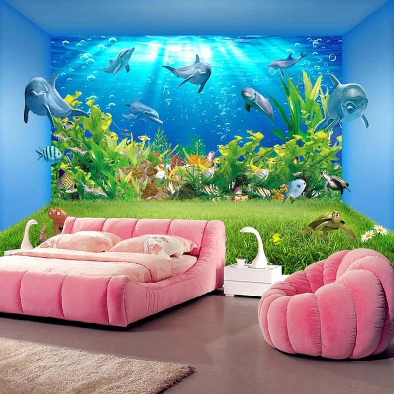 

Custom 3D Wall Murals Wallpaper Underwater World Dolphin Creative Stereoscopic Space Living Room TV Background Wall Painting Art