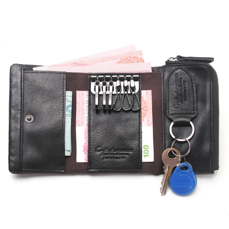 Genuine Cow Leather Mini Key Wallets Brand Trifold Design Zipper Coin Bag Purse With Interior Key Chain Holder Housekeeper Case