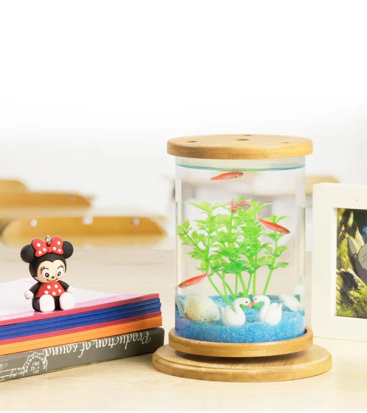 1Pcs Bamboo Base Glass Betta Fish Tank Mini Fish Tank Decoration Accessories Rotate Decoration Fish Bowl Aquarium Accessories