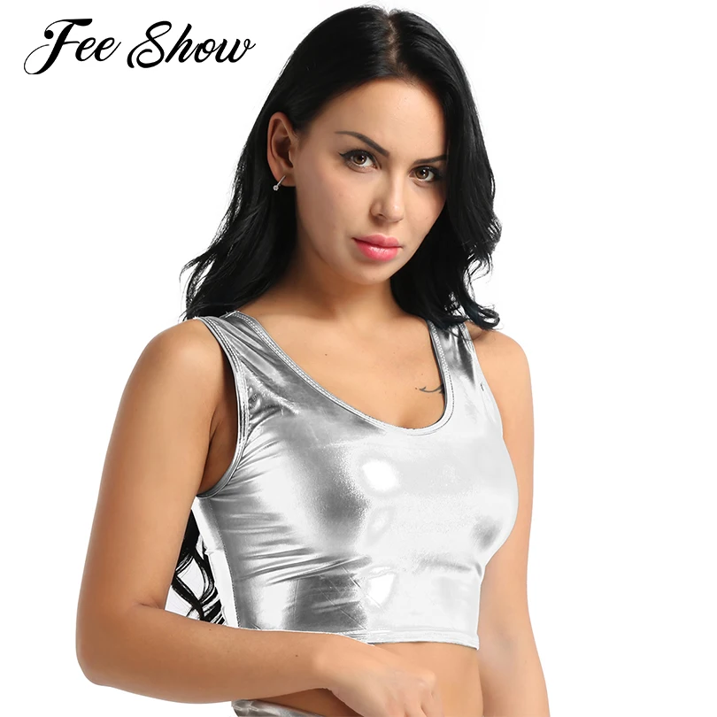 

Sexy Womens Hot Fashion Tank Crop Top Polyester Shiny Metallic Scoop Neck Stretchy Bikini Tank Top Short Bustier Blouse Clubwear