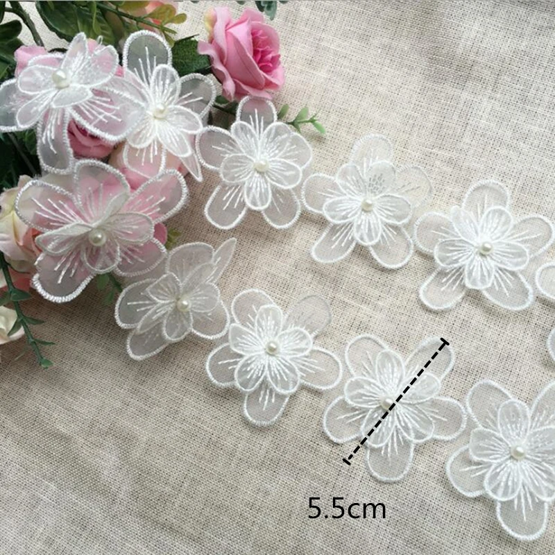 White Pearl Flower Handmade Beaded Embroidered Lace Edge Trim Ribbon Double Layered Applique Dress DIY Sewing Craft