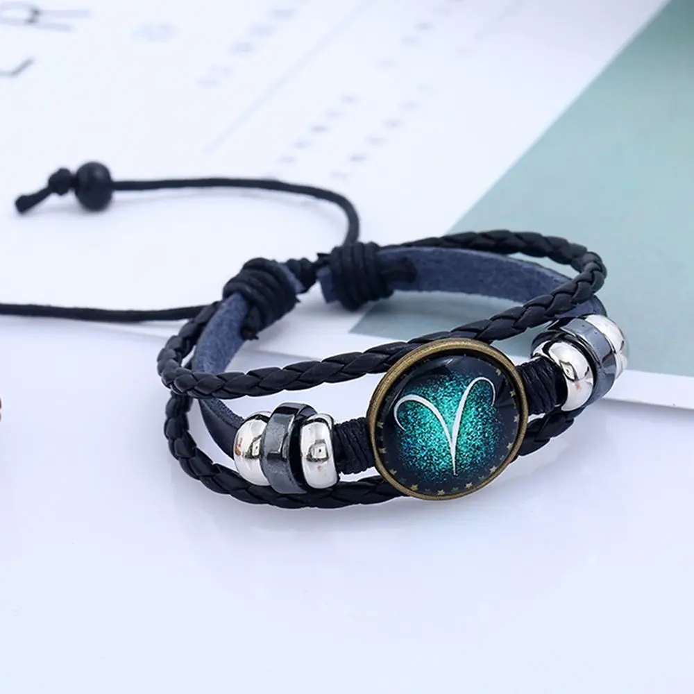 Hot 12 Constellations Handmade Leather Bracelet Zodiac Sign With Beads Bangle Bracelets For Men Boys Adjustable Fashion Jewelry