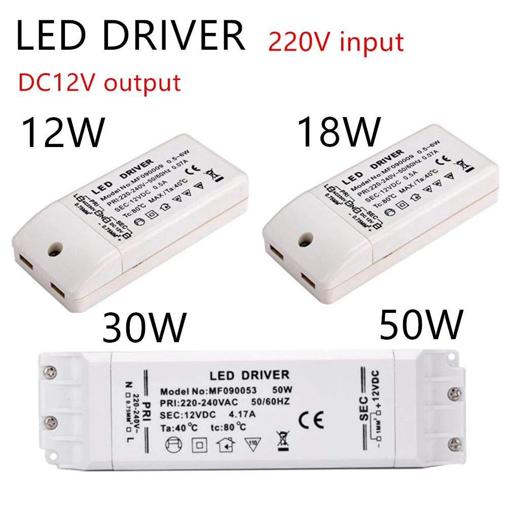 Led Driver Led Transformator Adapter 12V Dc Output 6W 12W 18W 30W 50W Plastic cover 220V Naar 12V Voor Lamp Mr11 Mr16