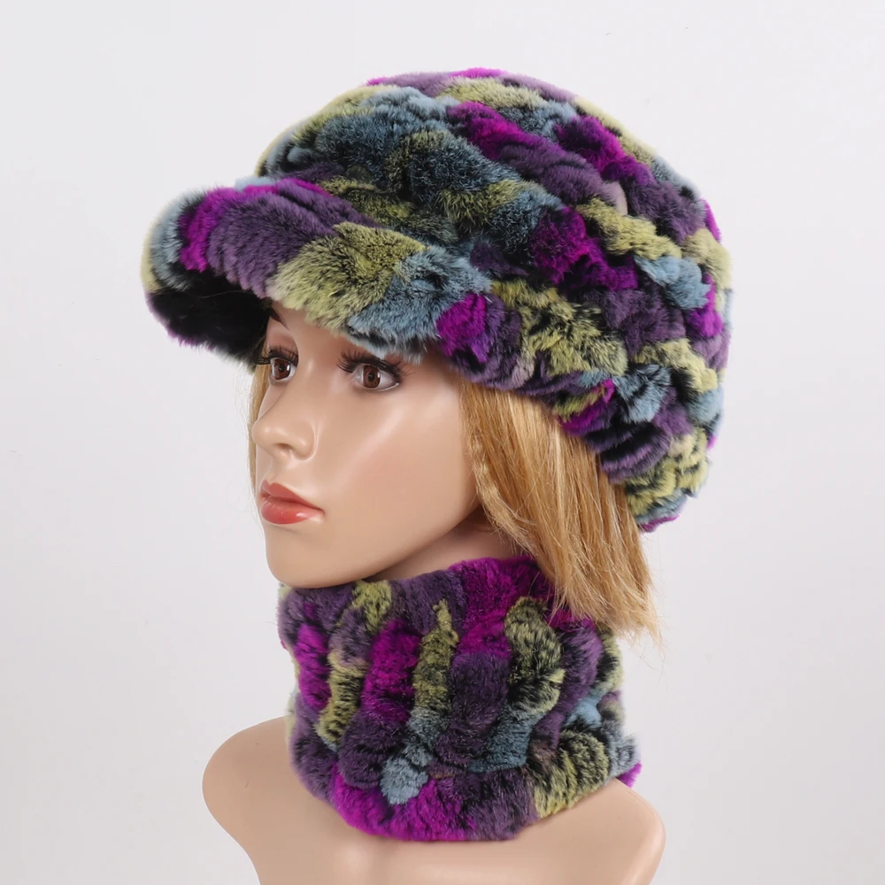 2024 Women Real Rex Rabbit Fur Hat Scarves Sets Winter Lady Knitted Genuine Fur Hat Scarf Good Elastic Natural Fur Hats Mufflers