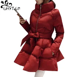 UHYTGF New Arrival Down Jacket Warm Coat Jacket Parkas For Women Winter Down Parka Female Bow Waist Fluffy Skirt Style Coat 979