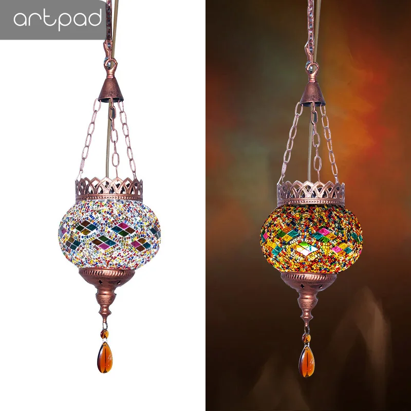 Artpad Mediterranean Style Turkish Moroccan Pendant Light Decoration Handmade Glass Shade Restaurant E27 Mosaic Hanging Lamp