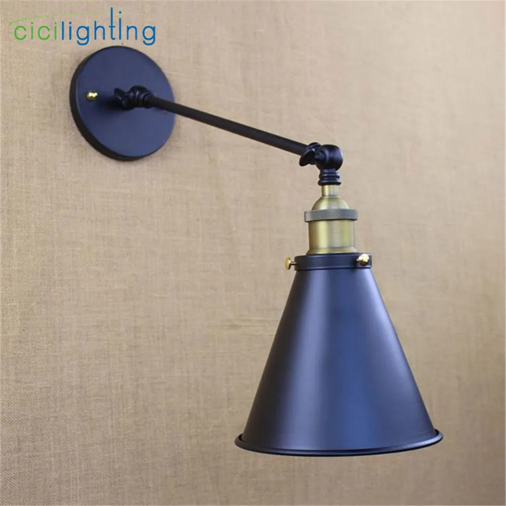 Industrial Warehouse Kitchen Bedroom Cafe Cellar Clothing Wall Lights L30cm Single Arm Swing Black Funnel Filer Metal Shade