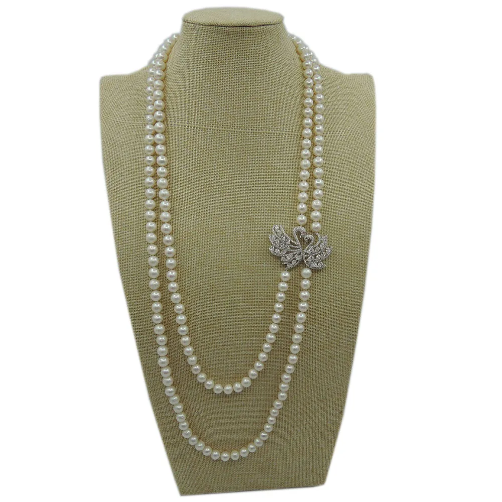 100% NATURE FRESHWATER ROUND PEARL LONG   NECKLACE-high quality-swan decorated