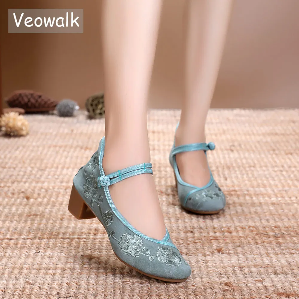 Veowalk Vintage Embroidery Women Mid Block Heel Shoes Canvas Pumps for Elegant Ladies Woman Cotton Embroidered Chinese Shoes