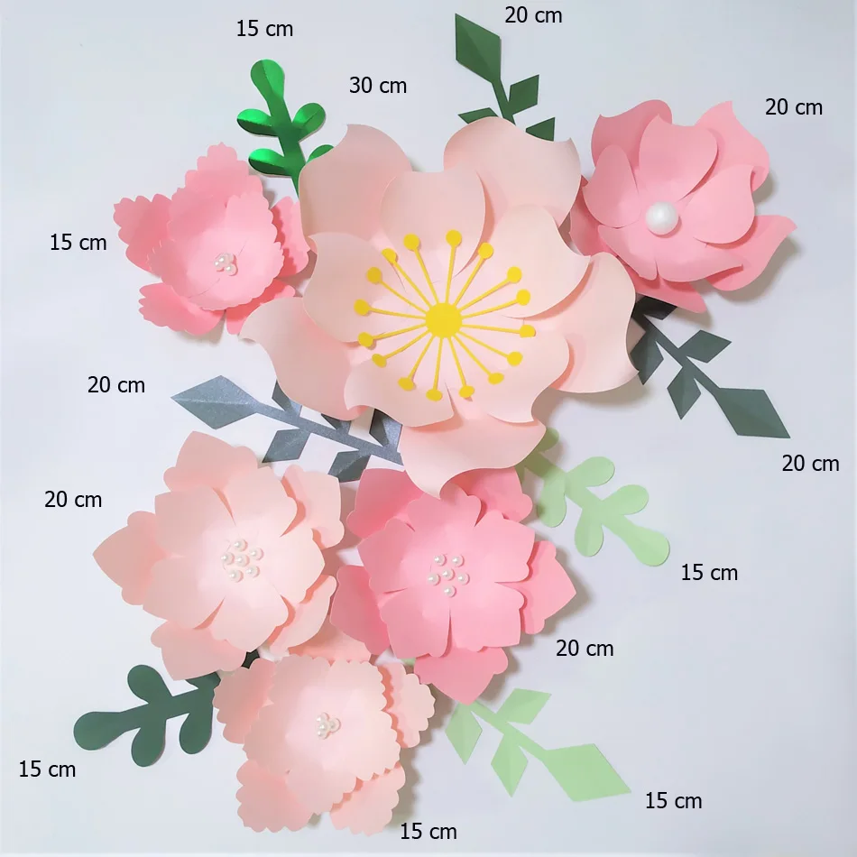 Handmade Pink Rose DIY Paper Flowers Green Leaves Set For Nursery Wall Deco Girls Room Baby Shower Backdrop Video Tutorials