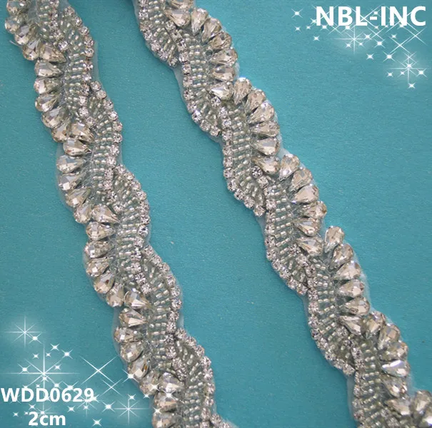 (10 yards) Wholesale hand beaded sewing silver clear rhinestone applique trim for wedding evening dresses DIY iron on WDD0629