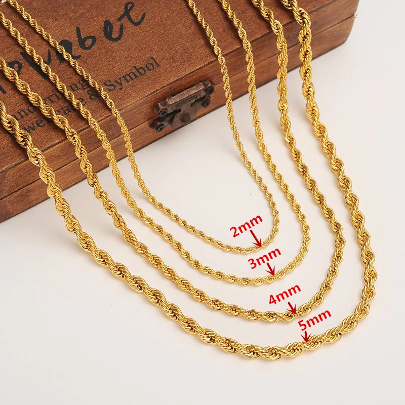 24k Gold color  Filled Necklace Chain for Men and Women Necklace Bracelet  Gold rope Chain Necklace High Quality