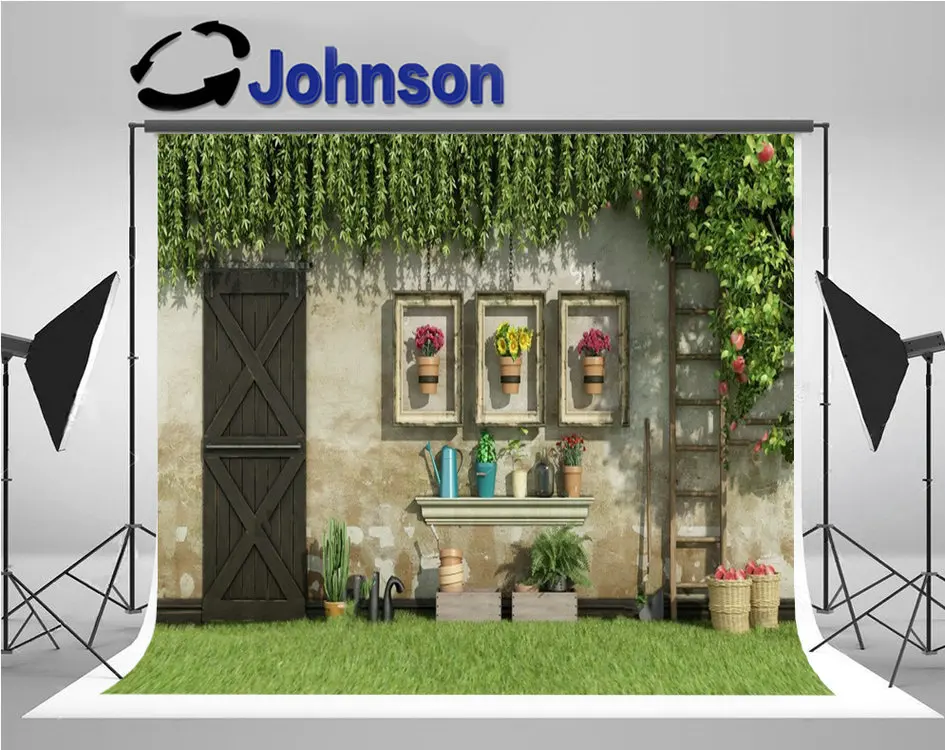 Garden Potted Flowers Framed Wooden Door Plant Flower backyard background   Computer print wall backdrop