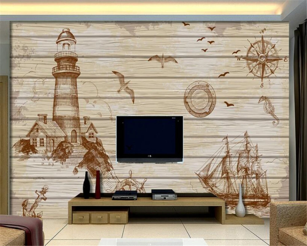 

Beibehang 3D Wallpaper Mediterranean Backdrop Hand Painted Lighthouse Retro Sailing TV Background Wall wallpaper papel de parede