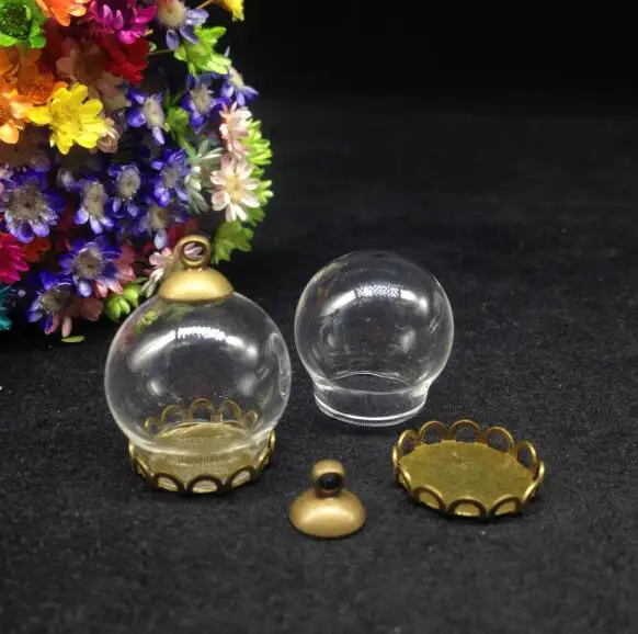 20pcs 20*15mm glass globe antique bronze/silver mix tray 8mm beads cap set glass vials pendant necklace glass bottle findings