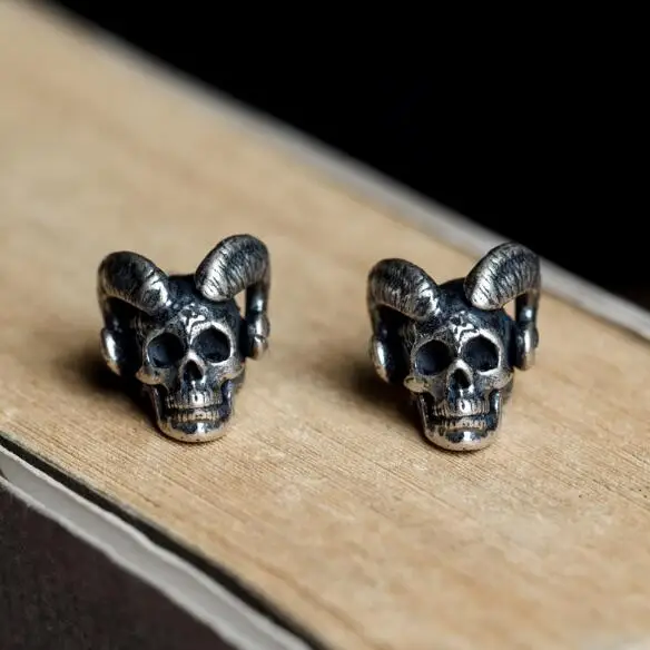 Vintage Real 925 Sterling Silver Skull Earrings Evil Satan Head Stud Earrings Gothic Punk Ear Jewelry