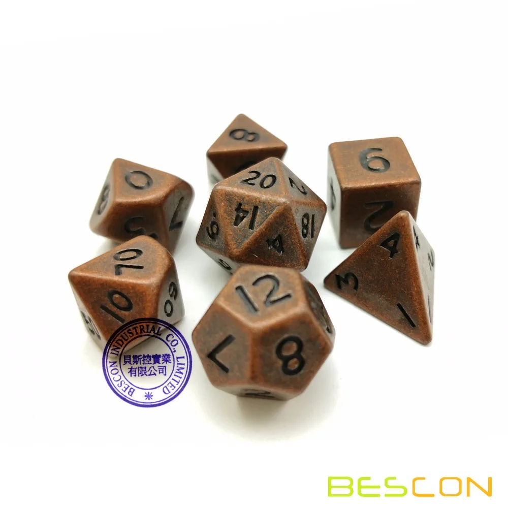 Bescon conjunto de mini dados de metal, 10mm, metal sólido, cobre antigo, mini metálico em poliéster, d & d, rpg, miniatura, 7 conjuntos