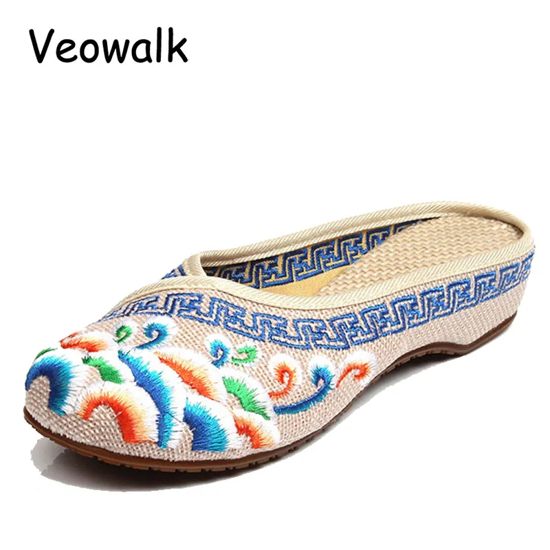 Veowalk Handmade bawełna haft w kwiaty kapcie moda lato kobiety w stylu chińskim obuwie kobieta oddychające klapki