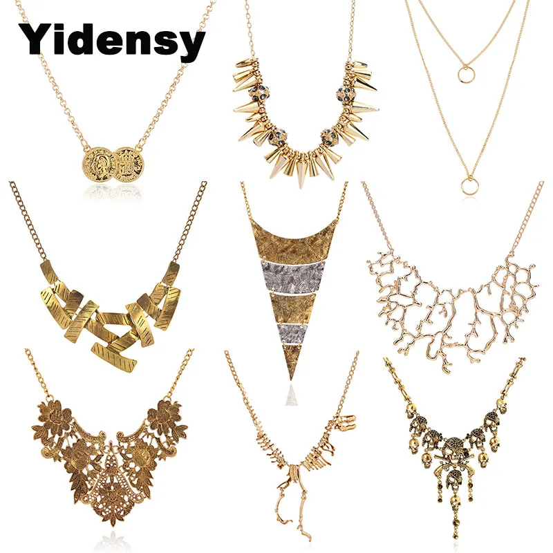 Yidensy Fashion Bib Necklaces Boho Coin Skull Skeleton Flower Triangle Pendant Necklace Chain for Women Statement Jewelry Gifts