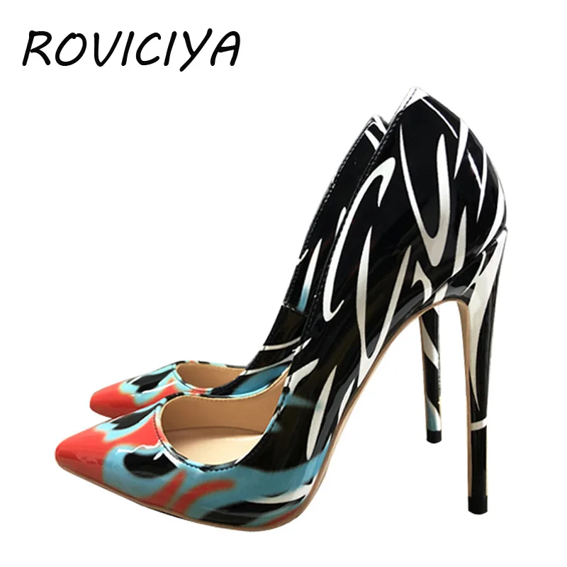 

Pumps Women Shoes High Heel 12 cm Sexy Pointed Toe Printed Multi Stilettos Wedding Valentine Brand Designer Shoes QP052 ROVICIYA