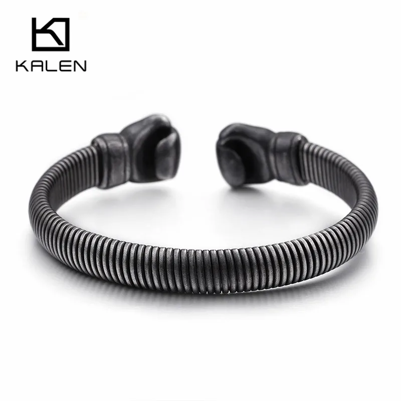 KALEN Hip Hop Opening Boxing Gloves Cuff Bangle For Men Stainless Steel Oxidized Dark Matte Mesh Chain Bracelet & Bangle Jewelry