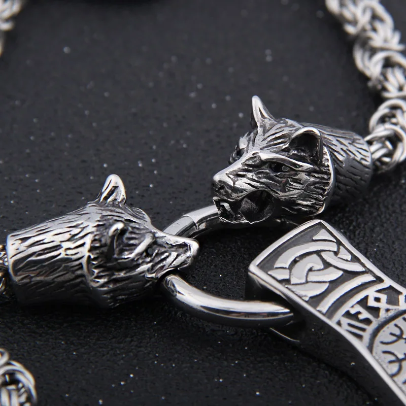 316L stainless steel Vikings wolf keel chain necklace with nordic rune axe pendant necklace as men gift