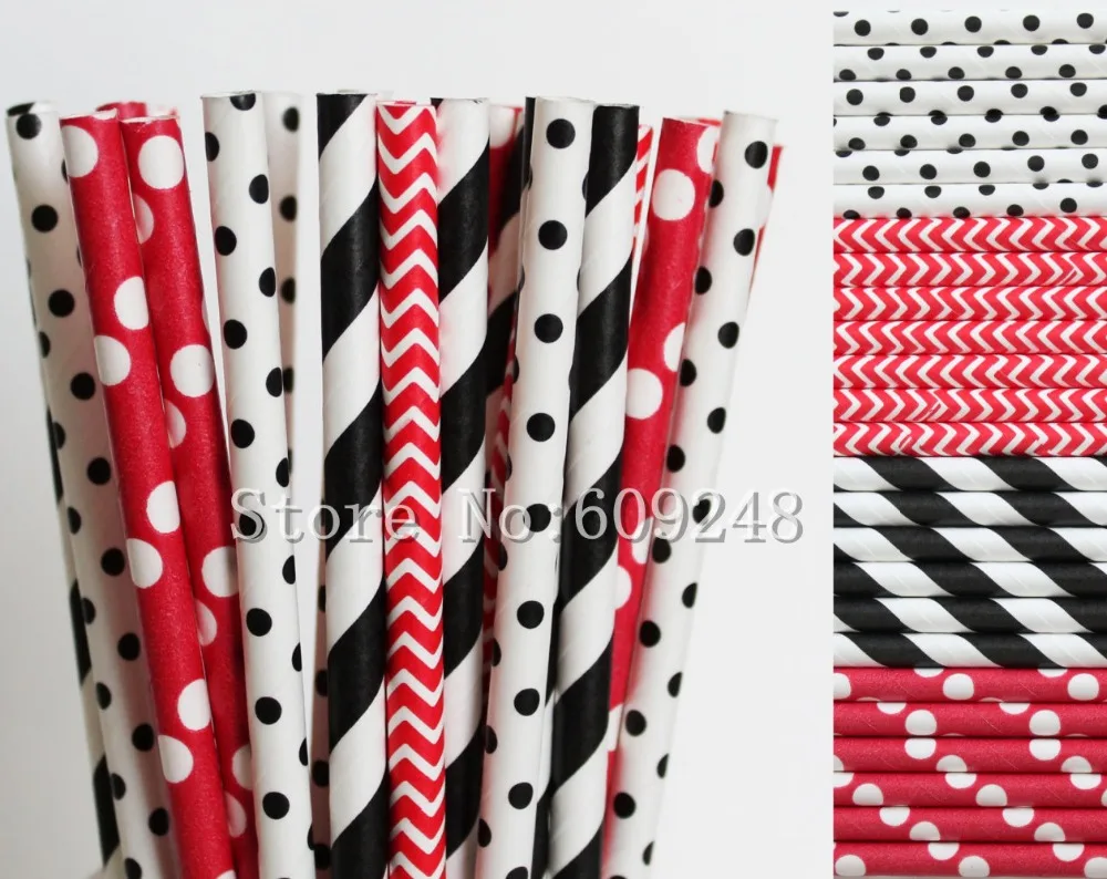 100 Pcs Minnie Drinking Paper Straws Mix,Black Striped and Swiss Dot,Red Chevron and Polka Dot,Mouse Birthday Party,Craft Straws