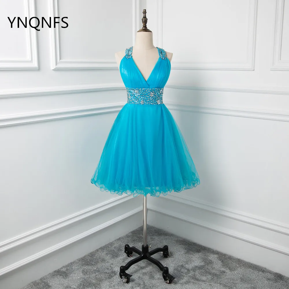 

20124 A Line Evening Dresses V Neck Tulle Sequins Beading Sash Sleeveless Above Knee