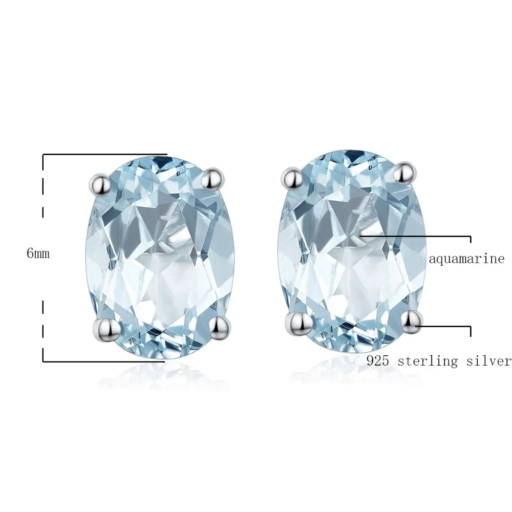 HUTANG Aquamarine Women's Stud Earrings Natural Blue Gemstone Solid 925 Sterling Silver Fine Elegant Classic Jewelry for Gift