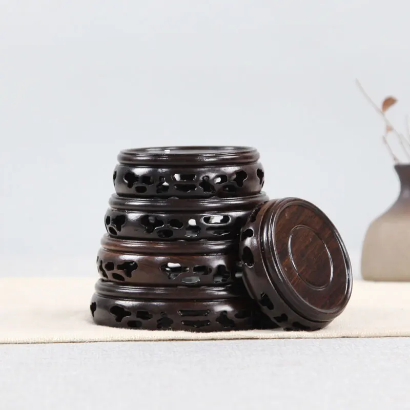 4.3-10.3cm Diameter Ebony Pierced Base Carved Base Rosewood Craftwork Solid Wood Base Vase Teapot Antique Jade Black