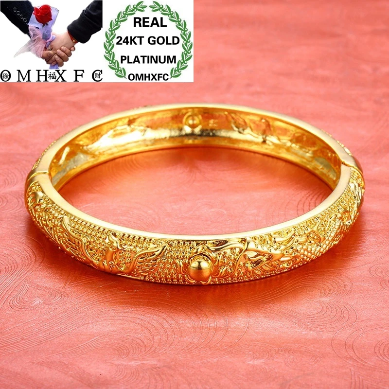 OMHXFC Wholesale European Fashion Woman Bride Party Birthday Wedding Mother Gift Dragon Phoenix 24KT Gold Bracelet Bangle ES170