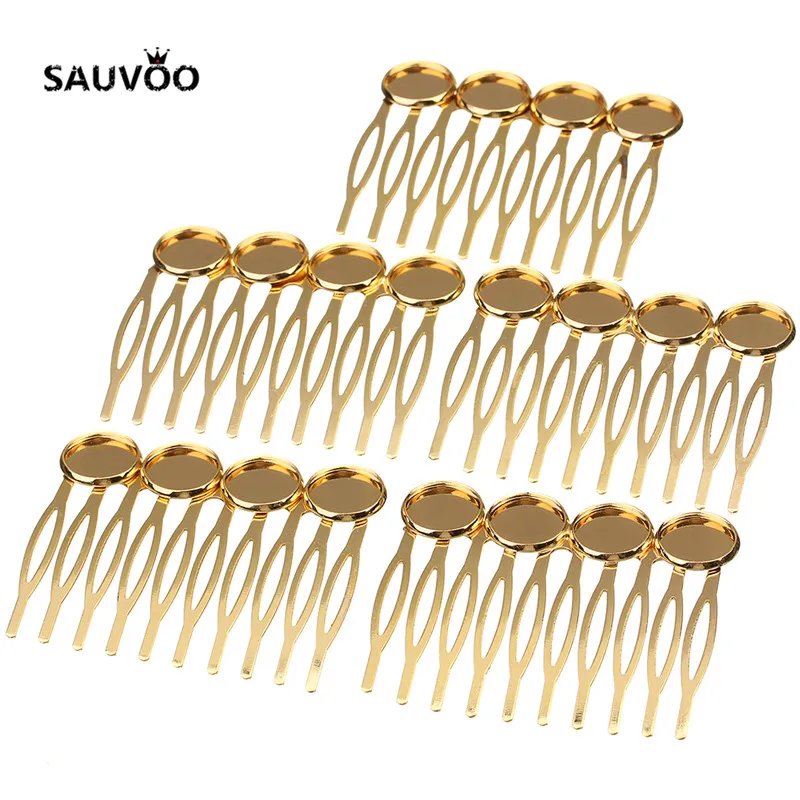 

Sauvoo 5pcs Metal 10 Teeth Hair Combs Hairpin Headwear With 4 Blank Tray Base Setting fit 12mm Cabochon DIY Jewelry Findings