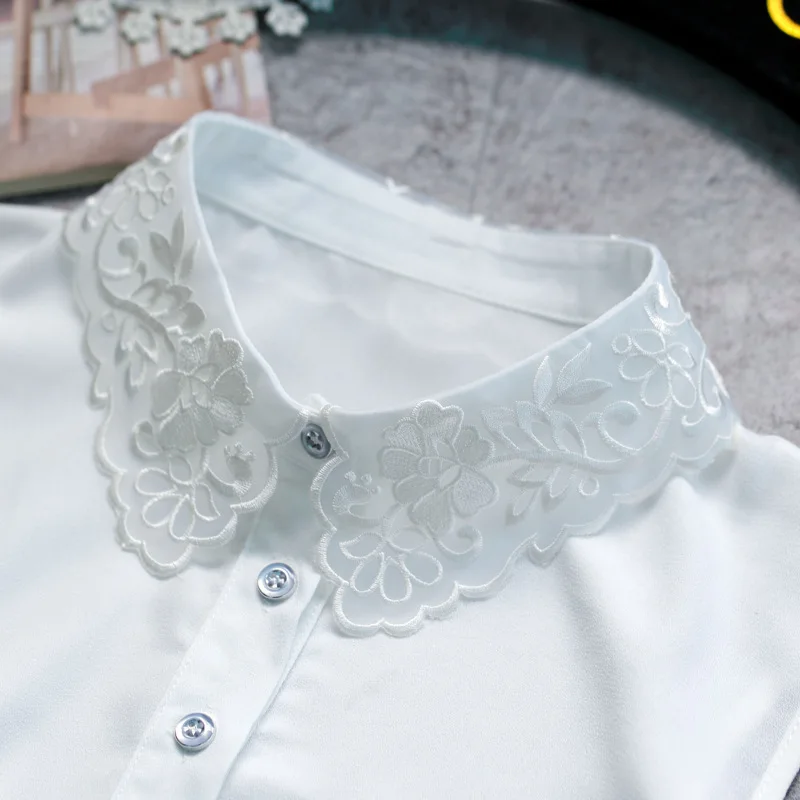 

YSMILE Y Korean Style Embroidery Flowers Crystal Lace Collar Half Shirt Elegant White Chiffon Detachable Lapel Fake Collar 2265