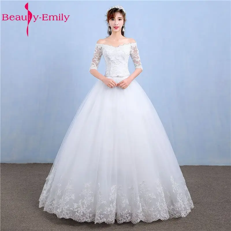 

Beauty Emily Luxury Lace A-Line White Wedding Dresses Half Sleeve V-Neck Lace Up Court Train Tulle Bridal Gowns