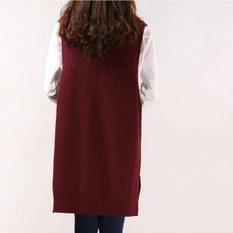 Women Sweater Spring Autumn New Korean Women\'s V-neck Knit Long A-shaped Pocket Vest Pullover Sleeveless