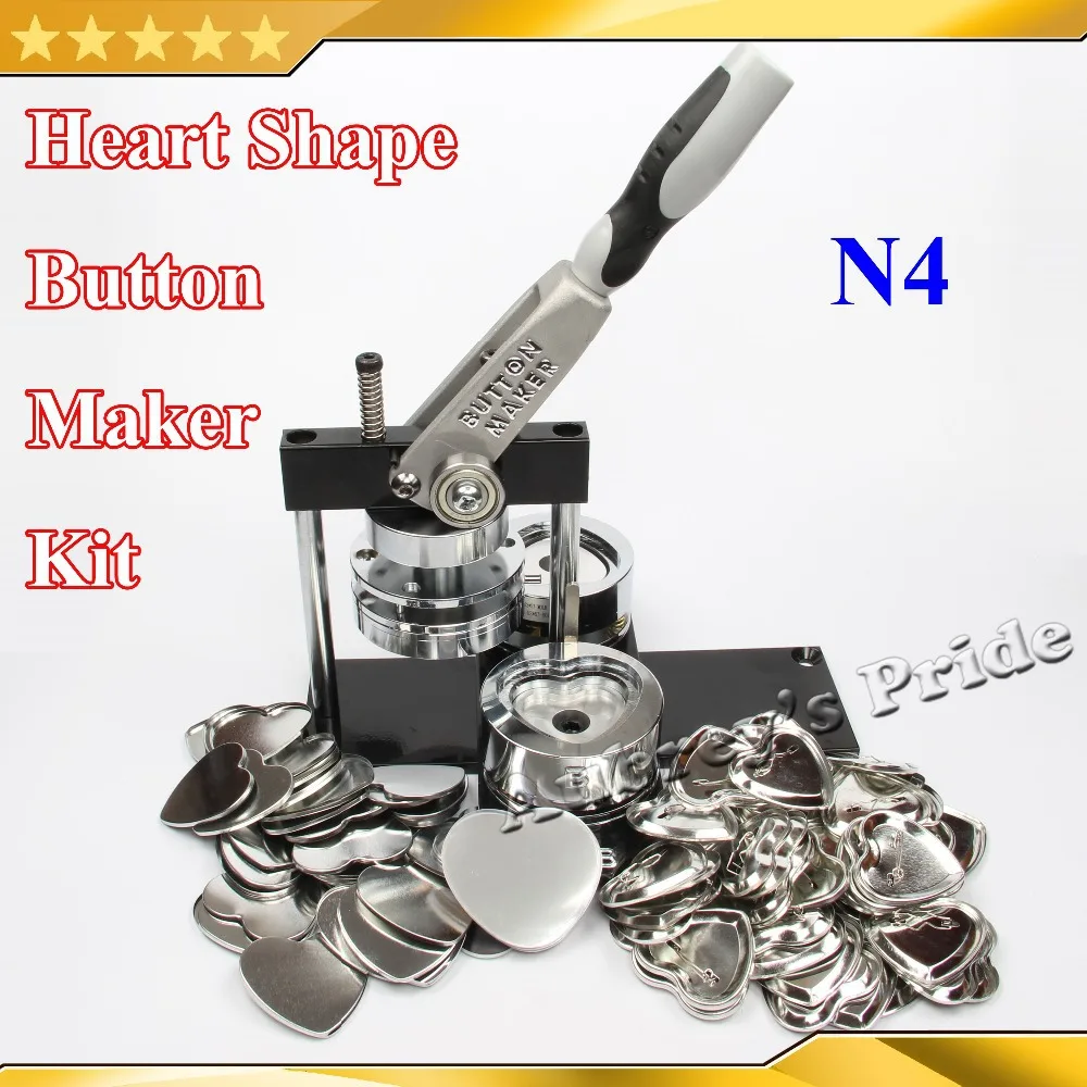 Pro N4 Heart Shape 57x52mm Badge Button Maker Machine with Interchangeable Die Mould +100 Sets Metal Pinback Supplies