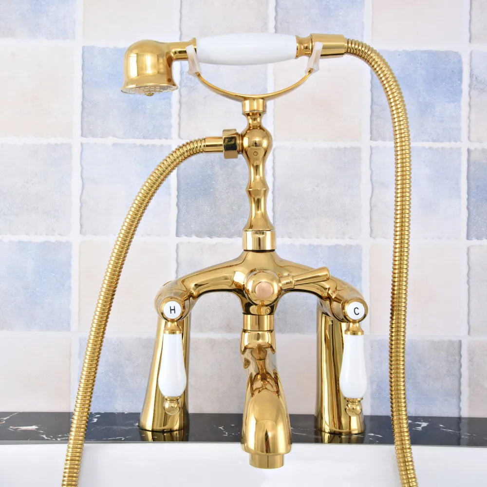 Luxury Gold Color Brass Double Ceramic Handles Deck Mounted Claw Foot Bathroom Tub Faucet Mixer Tap With Handshower mtf792